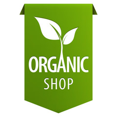 Organic Shop green tag ribbon banner with leaf symbol icon isolated on white background. Natural Fresh food.