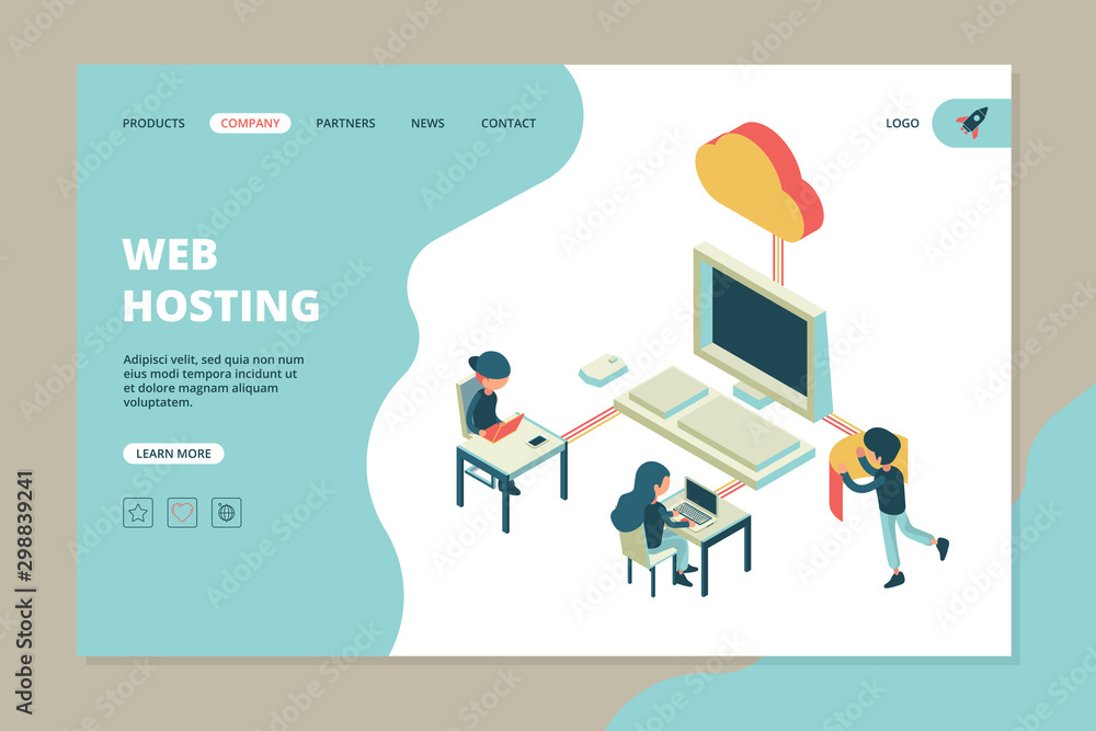 Poster web hosting landing. business web page computer cloud server hardware technology engineering interne