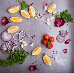 various ingredients on a wooden plate