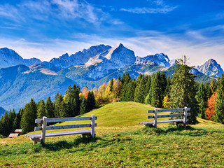 View to the alps in autumn on a sunny day - obrazy, fototapety, plakaty