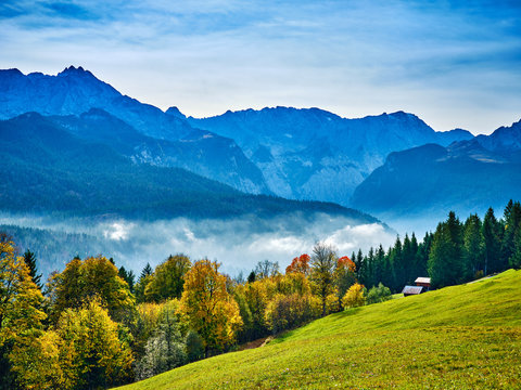 View to the alps in autumn on a sunny day