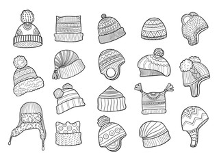 Winter doodle hat. Clothes flapping ears warm hat with fur knitted vector sketches illustrations. Clothes and cap, scarf knitted, clothing accessories sketch knitwork