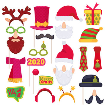 Christmas photo booth. Santa mask hat snowman new year tree snowflakes holiday costumes decoration. Vector cartoon illustrations. Illustration party christmas, santa costume, beard and hat