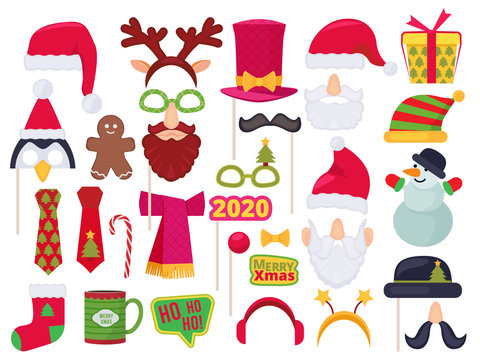 Xmas booth. Holidays funny characters costumes and hats for photo session party masked santa snowman elf vector. Illustration gingerbake sock and bow, scrapbooking and masquerade