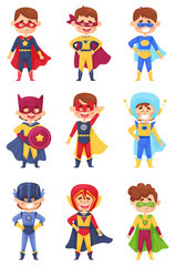 Set Of Little Boys In Costumes Of Comic Superheroes Vector Illustrations Cartoon Characters