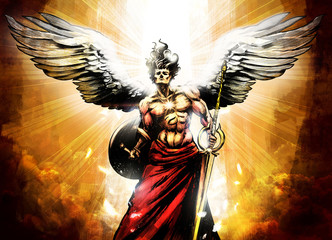 Mighty muscular angel with sword and shield surrounded by divine radiance . 2D illustration