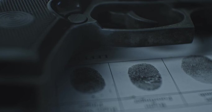 Fingerprints card and gun close up in motion, CSI.