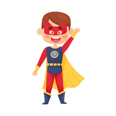 Little Boy In Superhero Costume And Mask With Cat Ears Vector Illustration