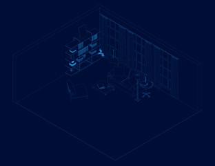 Contour of the interior with a desk, a bookcase with books and a sofa. View isometric. Vector illustration