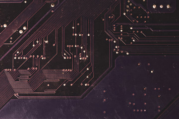Spoiled motherboard close up. circuit board with dust and defects. micro elements of computer....