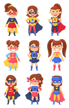 Set Of Little Girls In Costumes Of Superheroes And Cat Woman Vector Illustrations Cartoon Characters