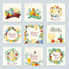 Shana Tova Jewish Holiday Concept Vector Illustrations Set