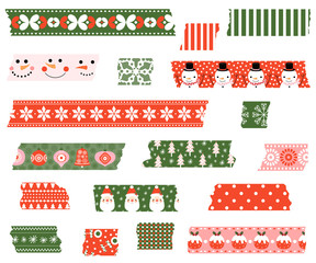 Vector set with Christmas torn stripes of adhesive paper tape in green and red colors for scrapbooking and holiday decor