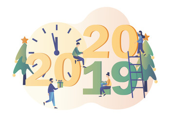New Year 2020 replaces 2019. Small people are preparing for the new year. Winter holidays concept. Modern flat cartoon style. Vector illustration