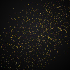 Glitter stars confetti. Gold stars confetti on black background. Night starry sky. Milky Way.