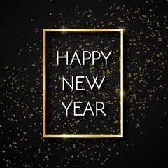 Fototapeta na wymiar Happy New Year greeting card with gold glitter frame and stars confetti