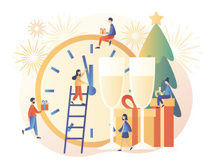 Happy New Year. Winter Holidays concept. Tiny people are preparing for the New year. Modern flat cartoon style. Vector illustration
