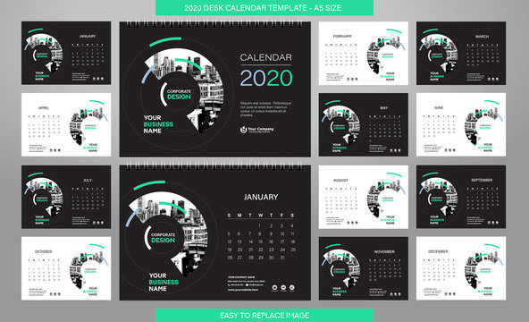 Desk Calendar 2020 template - 12 months included - A5 Size
