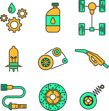 Spare parts of car. Icons in vector. Vector illustration of car details. Car parts.