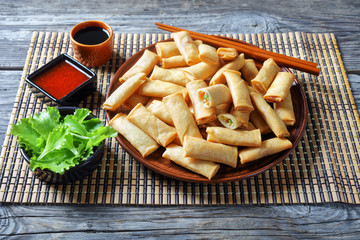 crispy bite-sized chinese spring rolls, top view