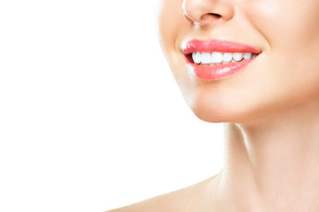 Perfect healthy teeth smile of a young woman. Teeth whitening. Dental clinic patient. Image symbolizes oral care dentistry, stomatology. Isolate en white backround.
