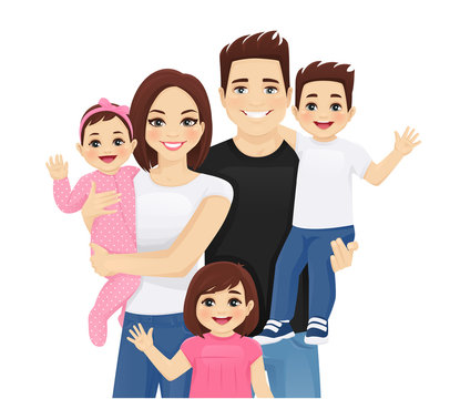 Young parents with newborn baby and toddler boy and girl vector illustration isolated. Happy family portrait. Mother, father, daughter, son.