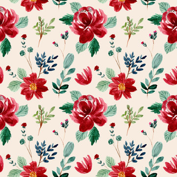 Beautiful Red Floral Watercolor Seamless Pattern