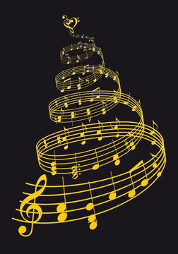 Gold Christmas card with music tree, vector