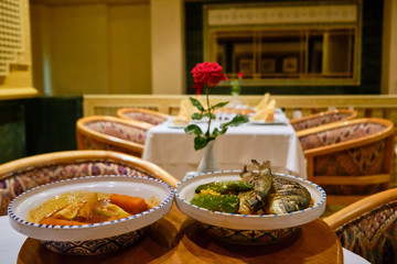Fish and couscous dishes in the traditional Arabic restaurant
