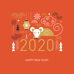 Fototapeta na wymiar Happy Chinese new year. Cute mouse, decor elements, chinese lanterns, banner concept, greeting card