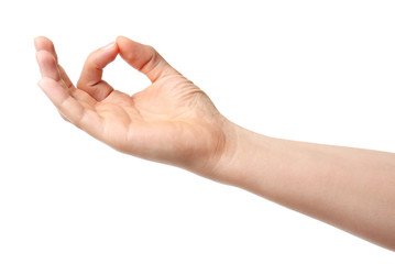 Hand of woman on white background