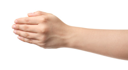 Hand of woman on white background