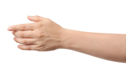 Hand of woman on white background