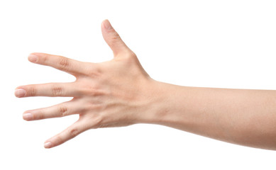 Hand of woman on white background