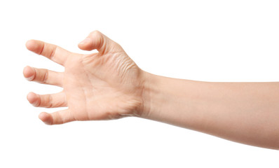 Hand of woman holding something on white background