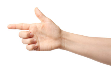Hand of woman pointing at something on white background