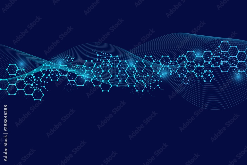 Poster science network pattern, connecting lines and dots. technology hexagons structure or molecular conne