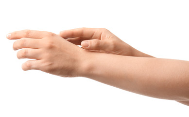 Hands of woman on white background