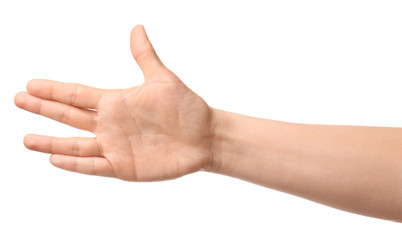 Hand of woman on white background