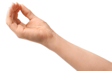 Hand of woman on white background