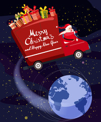 Merry Chrismas Santa Claus Van flies through the night sky above the Earth delivering gifts