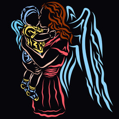 Fototapeta na wymiar Winged mom kisses the winged babe in her arms