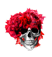 Human skull, red rose flowers. Watercolor for Halloween card