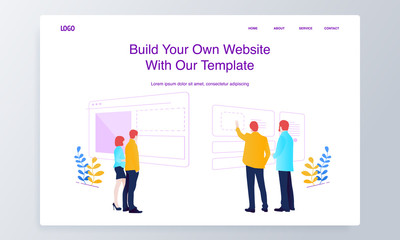 Web development concept with people building website, filling it with content, making necessary settings for web page interface.