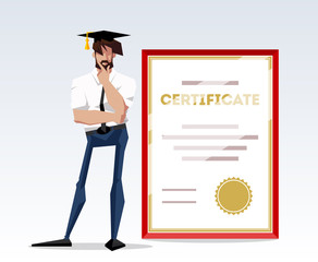 flat design illustration of a character businessman standing with a big certificate and thoughtful. Flat design banner isolated on white background manager or student with diploma