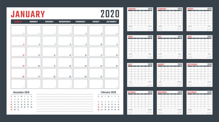 calendar for 2020 starts sunday, vector calendar design 2020 year