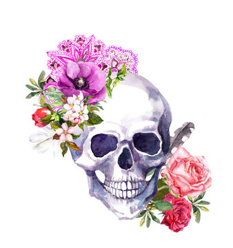 Human skull with flowers, decorative ornament, feathers in vintage boho style. Watercolor