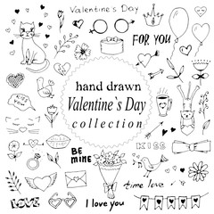 Hand drawn set of Valentine's Day icons on a white. Cute doodle collection with heart, cats, words, birds, flowers and other elements. 