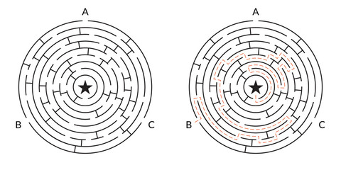 Labyrinth maze game. Circle puzzle. Find exit or right way challenge. Vector illustration.