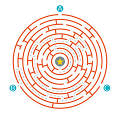 Labyrinth maze game. Circle puzzle. Find exit or right way challenge. Vector illustration.